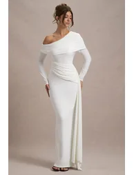 Valina | White Ruched Asymmetric Maxi Dress With Drape - 4