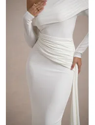 Valina | White Ruched Asymmetric Maxi Dress With Drape - 6