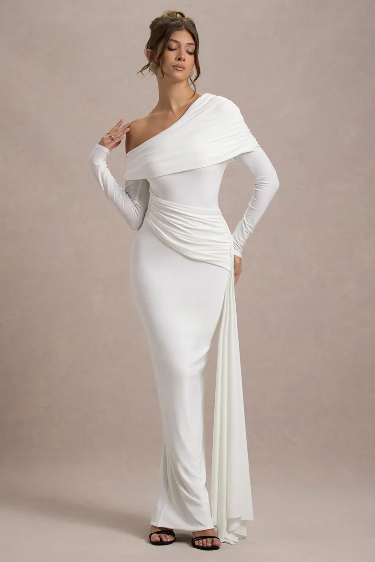 Valina | White Ruched Asymmetric Maxi Dress With Drape - 3