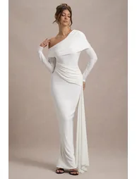 Valina | White Ruched Asymmetric Maxi Dress With Drape - 3