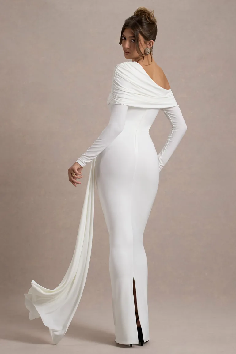 Valina | White Ruched Asymmetric Maxi Dress With Drape - 1