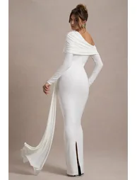 Valina | White Ruched Asymmetric Maxi Dress With Drape - 1