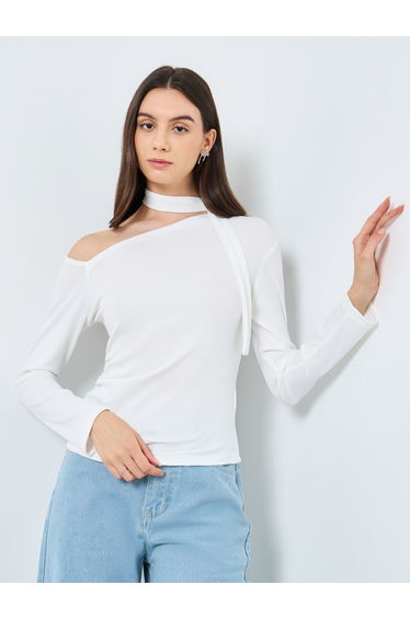 Elegant White One-Shoulder Long Sleeve Top