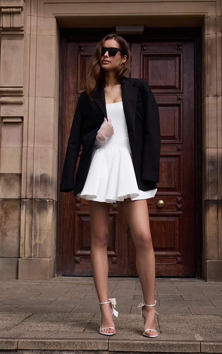 Premium White Satin Hip Pleated Skater Dress - 3