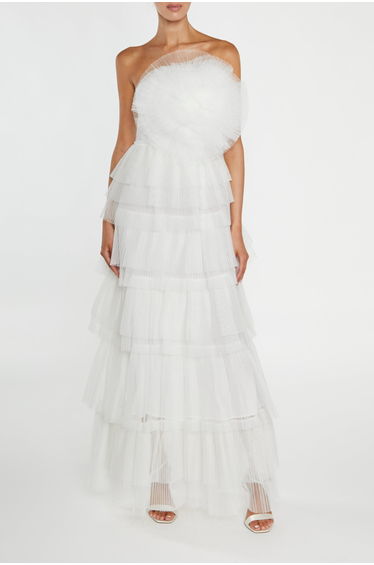 Valerie White Pleated 3D Tiered Floor-Dress