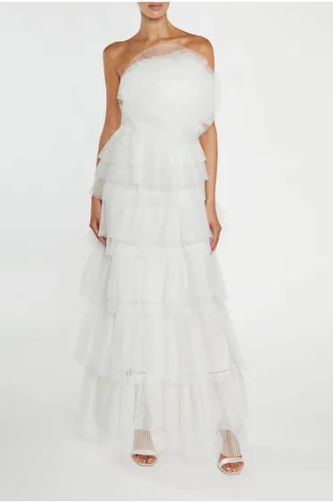 Valerie White Pleated 3D Tiered Floor-Dress