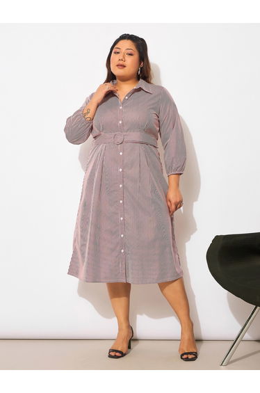 Plus Size Pinstripes Belted Midi Shirt Dress