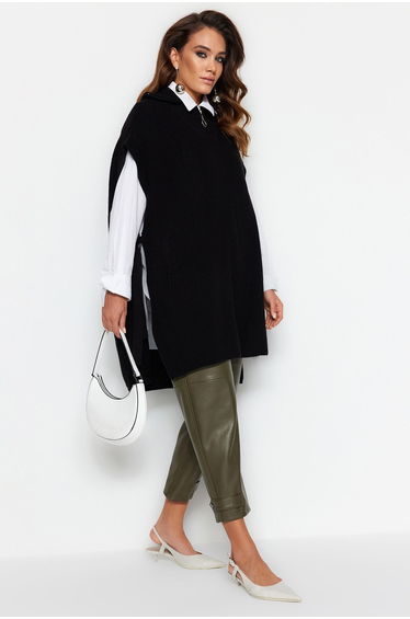 Black Zippered Collar Tie-Up Detailed Knitwear Sweater