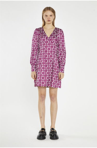 Magenta-Flower V-Neck Mini-Dress