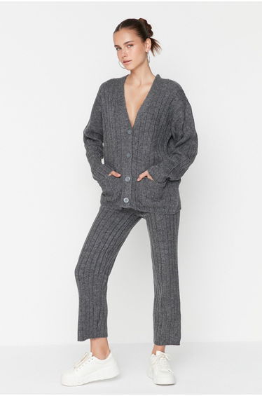 Anthracite Wide Fit Soft Textured Knitwear Bottom-Top Set