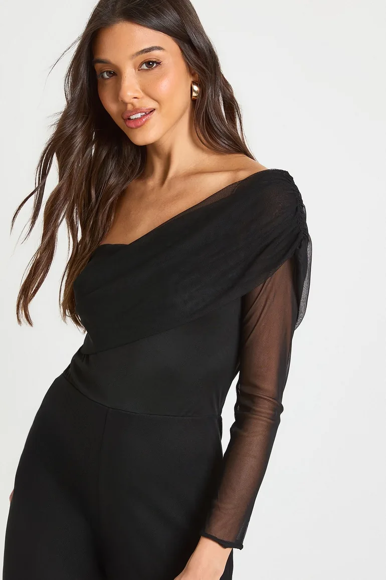 Mesh Asymmetric Bardot Jumpsuit - black - 3