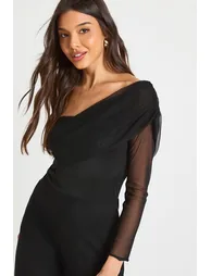 Mesh Asymmetric Bardot Jumpsuit - black - 3
