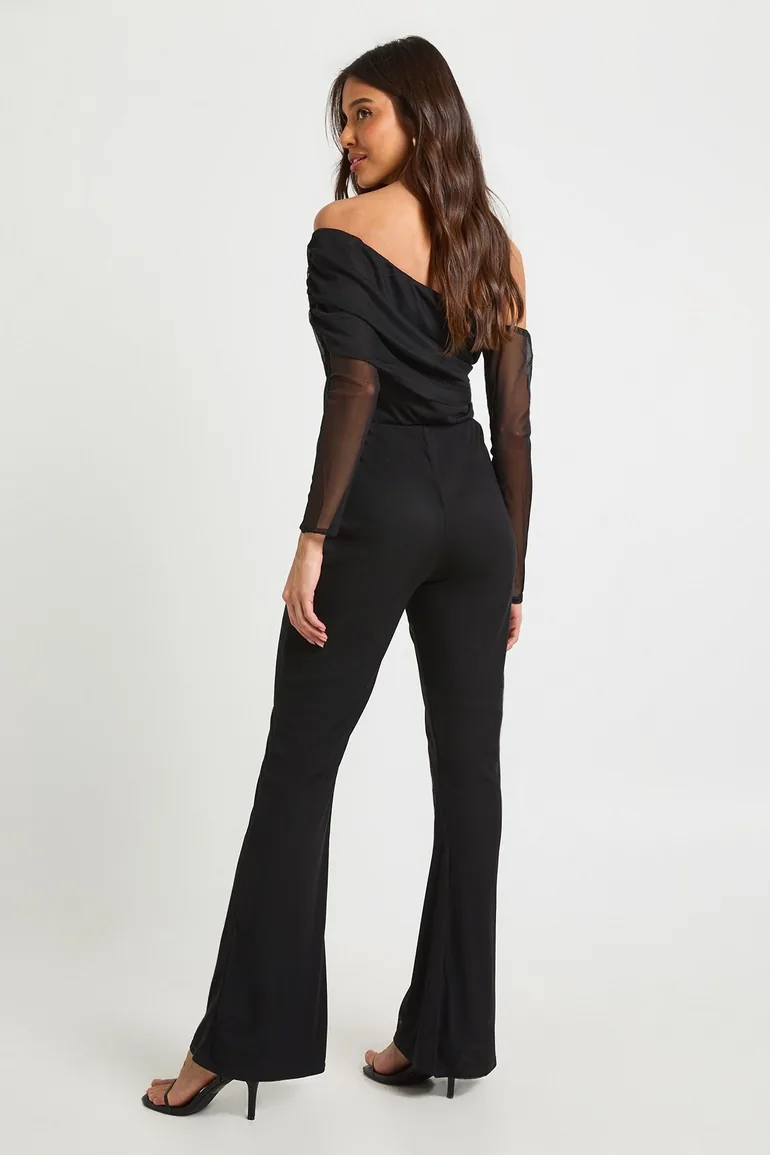 Mesh Asymmetric Bardot Jumpsuit - black - 2