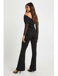 Mesh Asymmetric Bardot Jumpsuit - black - 2