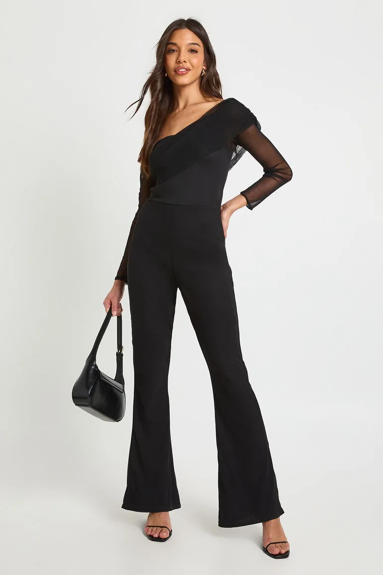 Mesh Asymmetric Bardot Jumpsuit - black - 1
