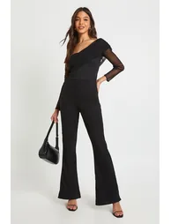 Mesh Asymmetric Bardot Jumpsuit - black - 1
