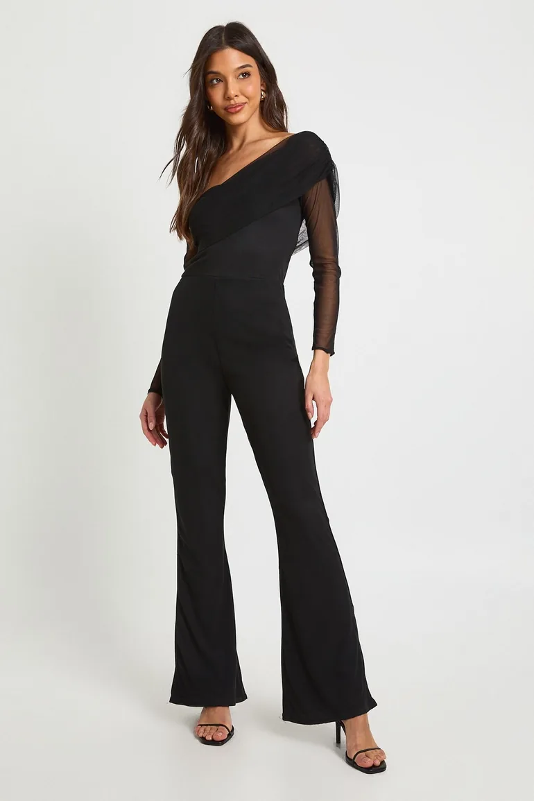 Mesh Asymmetric Bardot Jumpsuit - black