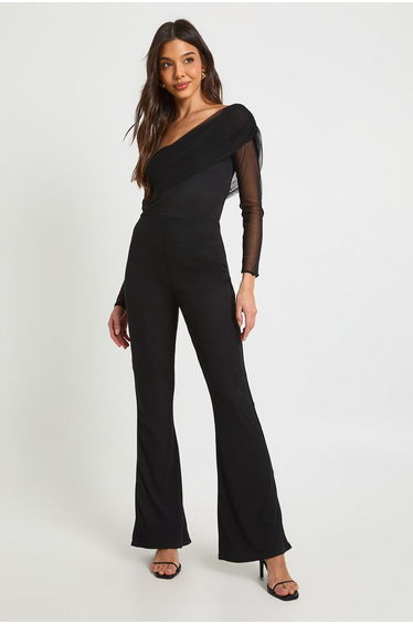 Mesh Asymmetric Bardot Jumpsuit - black
