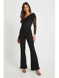 Mesh Asymmetric Bardot Jumpsuit - black