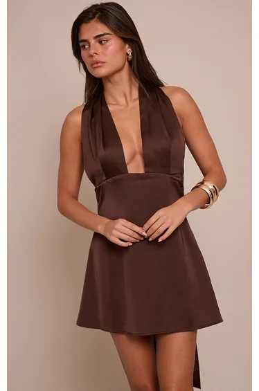 Chocolate Satin Halter neck Mini Shift Dress