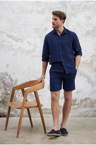 Navy Blue Regular Fit Muslin Fabric Linen Look 100% Cotton Shorts