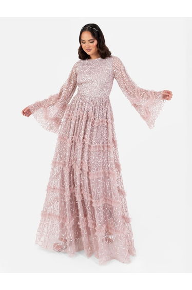 Maya Frosted Pink Fully Embellished Round Neckline Modest Maxi Dress