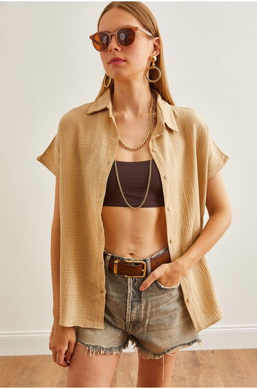 Women's Dark Beige Bat Basic Muslin Shirt