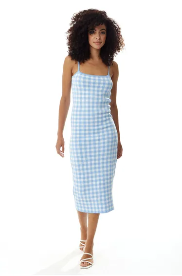 Women’s Midi Dress in Blue and White Check with Sleeveless Design and Fitted Style