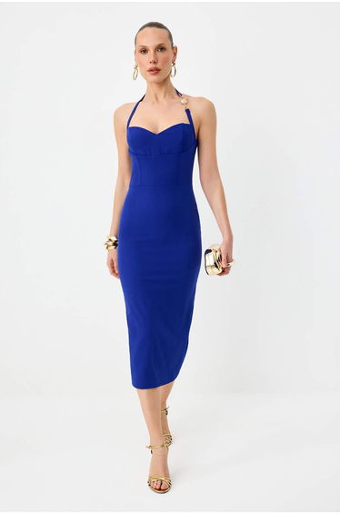 Saks Plain Straight Cut Accessory Detailed Woven Finike Midi Unlined Stylish/Evening Dress