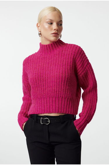Fuchsia Crop Soft Textured Basic Thick Knit Detailed Knitwear Sweater