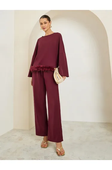 Burgundy Faux Feather Trim Blouse and Pants Co-ords