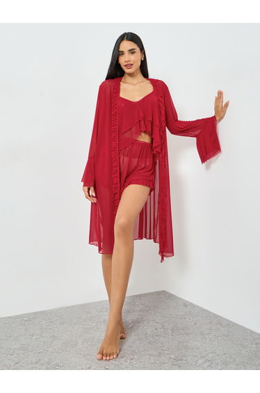 Pack of 3 - Ruffle Hem Detail Mesh Camisole, Shorts and Robe Set