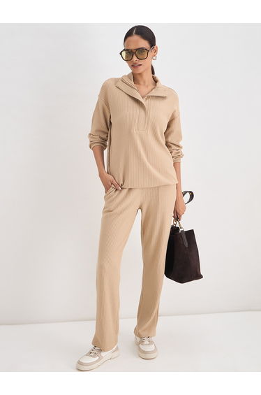 Women Beige Waffle Knit Zip Up Top