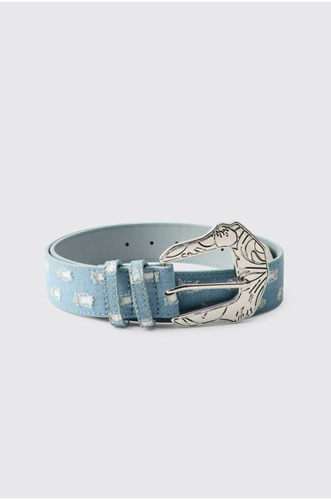 PU Denim Western Buckle Belt - denim-blue