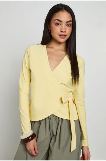Wrap Front Tie Waist Top - lemon