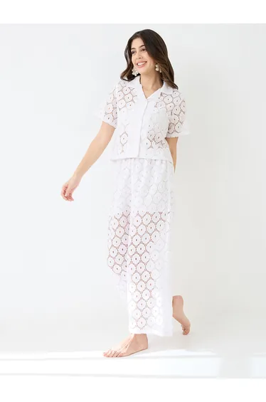 White Crochet Shirt and Wide Leg Trousers Co-Ords