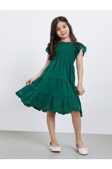 Laser Cut Out and Smocked Detail Tiered Dress