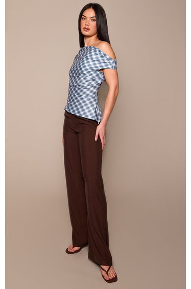 Blue Check Asymmetric Neck Drape Top