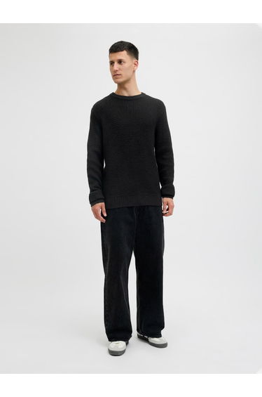 Black Waffle Knit Crew Neck Sweater