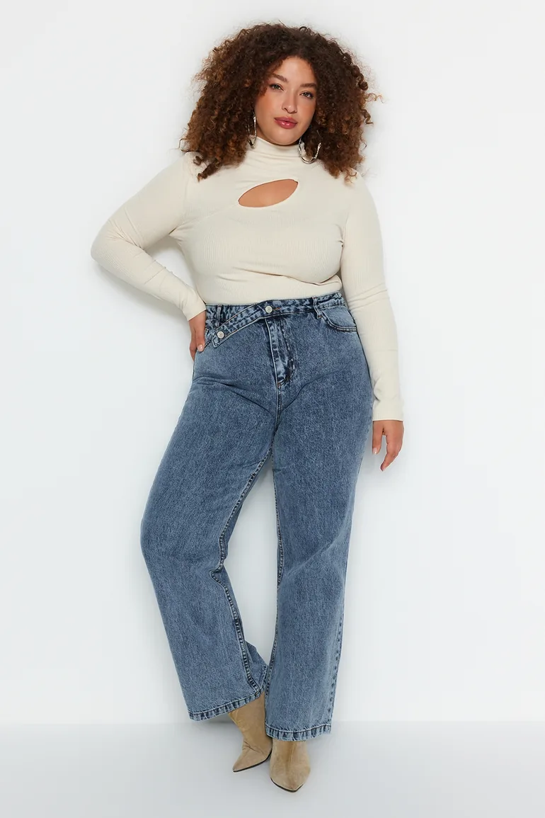 Blue Normal Waist Wide Cut Jeans