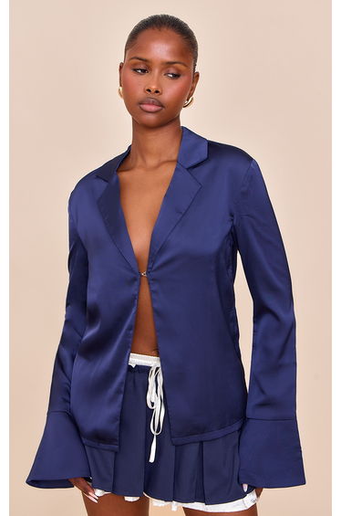 Navy Satin Hook And Eye Detail Oversized Shirt