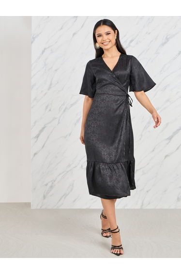 Jacquard Print A-Line Wrap Midi Dress