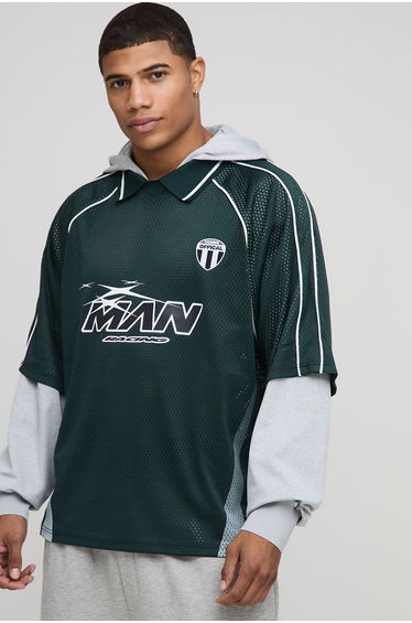 Oversized Mesh MAN Faux Layer Sports Top Hoodie - forest