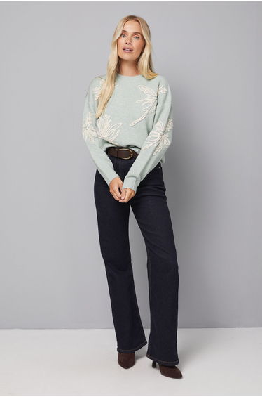 Petite Flower Motif Crew Neck Jumper