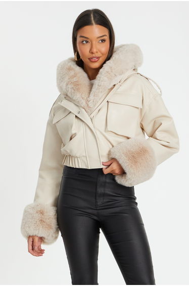 Stone Faux Fur Bomber Jacket