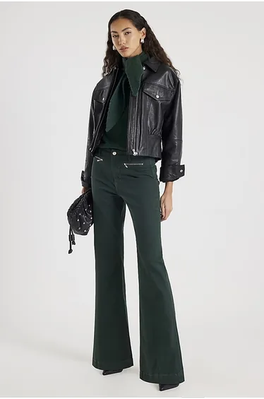 Green Zip Front Relaxed Flare Jeans
