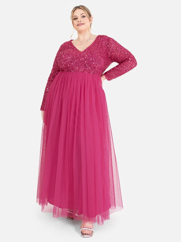 knee length dresses for ladies Maya Black Fully Embroidered Long Sleeve Maxi Dress with Frill Detail  Maya  Deluxe