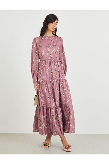 Printed Balloon Sleeves Tiered Maxi Dress