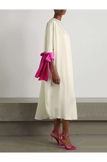 Loose Seven-Quarter Sleeves Contrast Color Round-Neck Midi Dresses