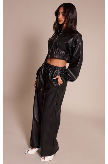 Petite Black Faux Leather Elasticated Wide Leg Trousers